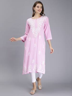 hand embroidered pink rayon lucknowi chikan kurta 1