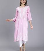 hand embroidered pink rayon lucknowi chikan kurta