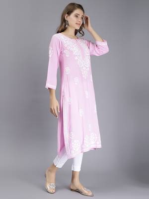 hand embroidered pink rayon lucknowi chikan kurta 2