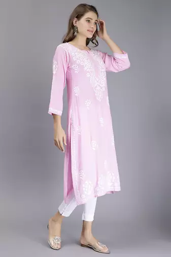 hand embroidered pink rayon lucknowi chikan kurta