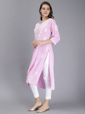 hand embroidered pink rayon lucknowi chikan kurta 3
