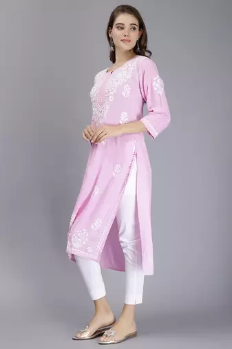 hand embroidered pink rayon lucknowi chikan kurta