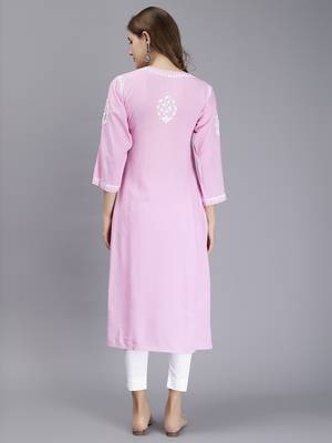 hand embroidered pink rayon lucknowi chikan kurta 4