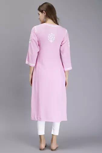 hand embroidered pink rayon lucknowi chikan kurta