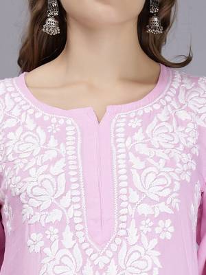hand embroidered pink rayon lucknowi chikan kurta 5
