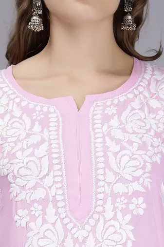 hand embroidered pink rayon lucknowi chikan kurta