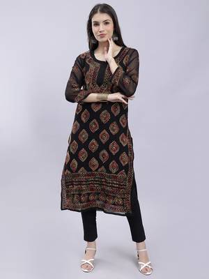hand embroidered black georgette lucknowi chikan kurta with slip 1