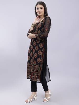 hand embroidered black georgette lucknowi chikan kurta with slip 2