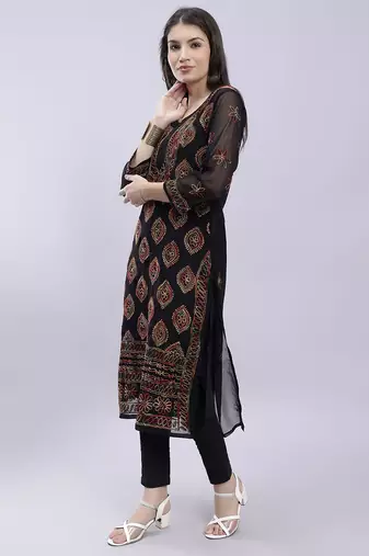 hand embroidered black georgette lucknowi chikan kurta with slip