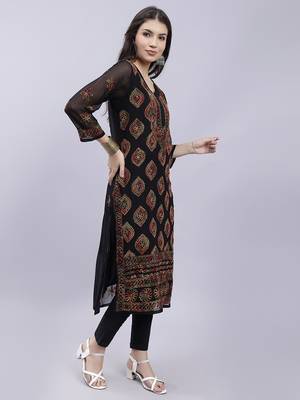 hand embroidered black georgette lucknowi chikan kurta with slip 3