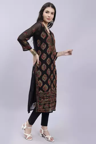 hand embroidered black georgette lucknowi chikan kurta with slip