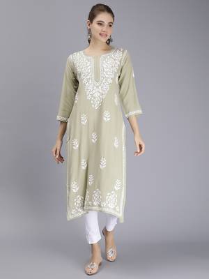 hand embroidered sage green rayon lucknowi chikan kurta 1