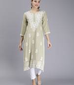 hand embroidered sage green rayon lucknowi chikan kurta