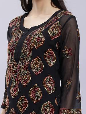hand embroidered black georgette lucknowi chikan kurta with slip 4