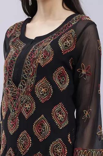 hand embroidered black georgette lucknowi chikan kurta with slip