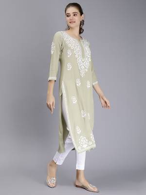 hand embroidered sage green rayon lucknowi chikan kurta 2
