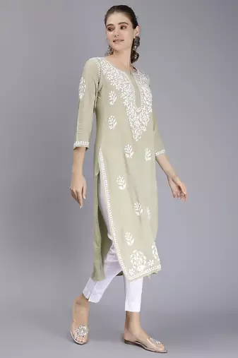 hand embroidered sage green rayon lucknowi chikan kurta