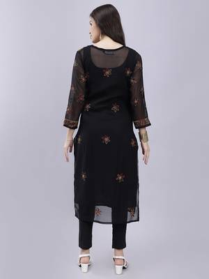 hand embroidered black georgette lucknowi chikan kurta with slip 5