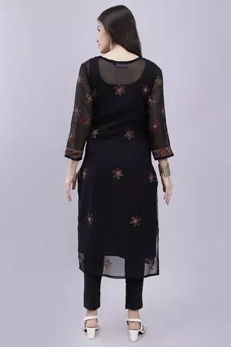 hand embroidered black georgette lucknowi chikan kurta with slip