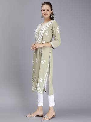 hand embroidered sage green rayon lucknowi chikan kurta 3