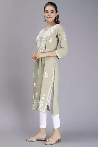 hand embroidered sage green rayon lucknowi chikan kurta