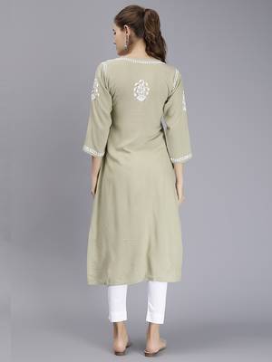 hand embroidered sage green rayon lucknowi chikan kurta 4