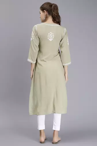 hand embroidered sage green rayon lucknowi chikan kurta