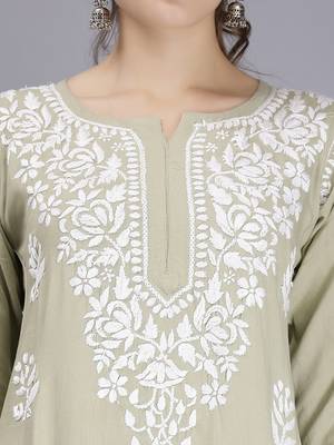 hand embroidered sage green rayon lucknowi chikan kurta 5