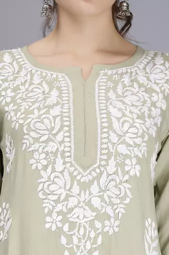 hand embroidered sage green rayon lucknowi chikan kurta