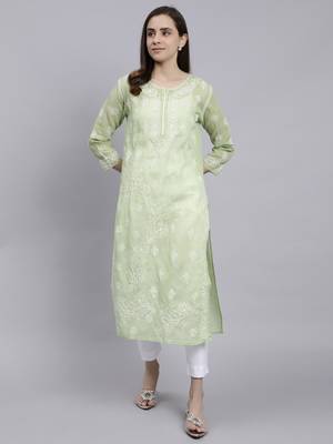 hand embroidered green terivoil cotton lucknowi chikan kurta 1