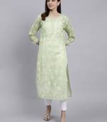 hand embroidered green terivoil cotton lucknowi chikan kurta