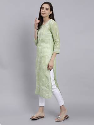 hand embroidered green terivoil cotton lucknowi chikan kurta 2