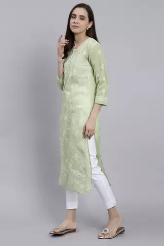 hand embroidered green terivoil cotton lucknowi chikan kurta