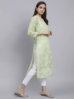 hand embroidered green terivoil cotton lucknowi chikan kurta 3