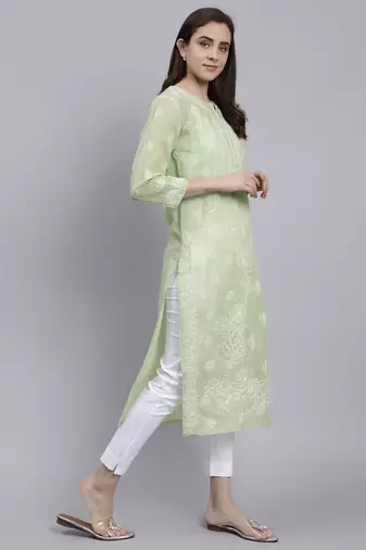 hand embroidered green terivoil cotton lucknowi chikan kurta