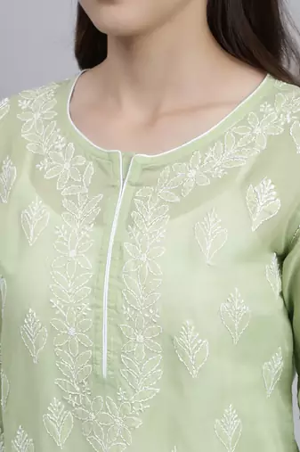 hand embroidered green terivoil cotton lucknowi chikan kurta