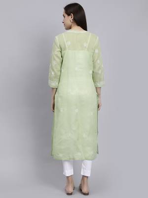 hand embroidered green terivoil cotton lucknowi chikan kurta 5