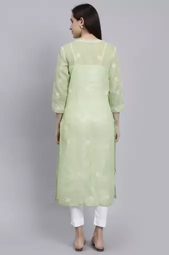 hand embroidered green terivoil cotton lucknowi chikan kurta