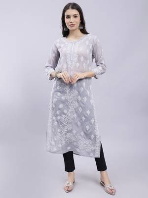 hand embroidered grey terivoil cotton lucknowi chikan kurta 1