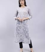 hand embroidered grey terivoil cotton lucknowi chikan kurta