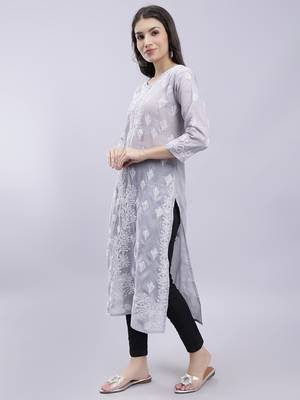 hand embroidered grey terivoil cotton lucknowi chikan kurta 2
