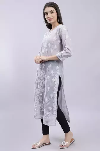 hand embroidered grey terivoil cotton lucknowi chikan kurta