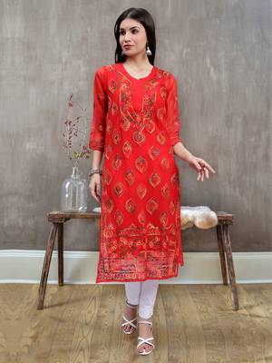 hand embroidered red georgette lucknowi chikan kurta with slip 1