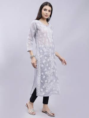 hand embroidered grey terivoil cotton lucknowi chikan kurta 3