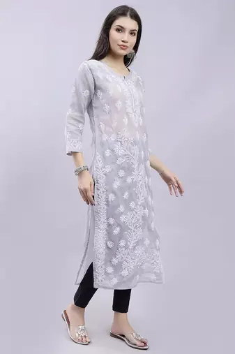 hand embroidered grey terivoil cotton lucknowi chikan kurta