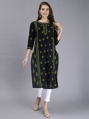 hand embroidered black cotton lucknowi chikan kurta 1