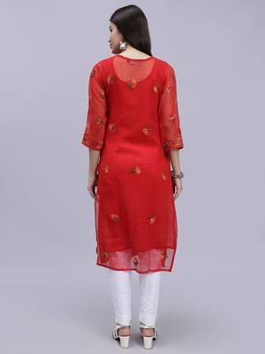 hand embroidered red georgette lucknowi chikan kurta with slip 2