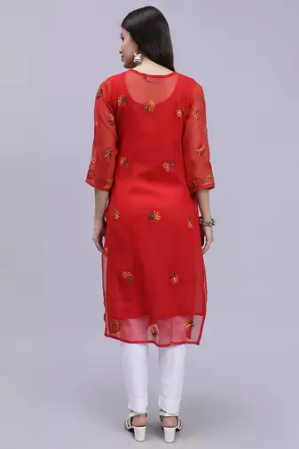 hand embroidered red georgette lucknowi chikan kurta with slip