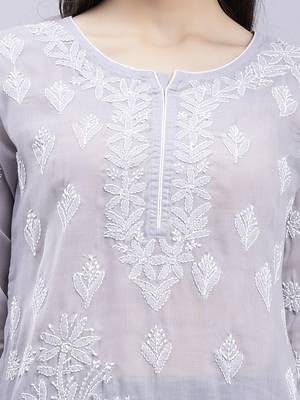 hand embroidered grey terivoil cotton lucknowi chikan kurta 4