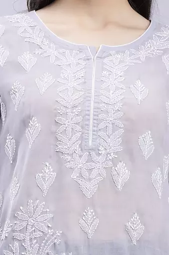 hand embroidered grey terivoil cotton lucknowi chikan kurta